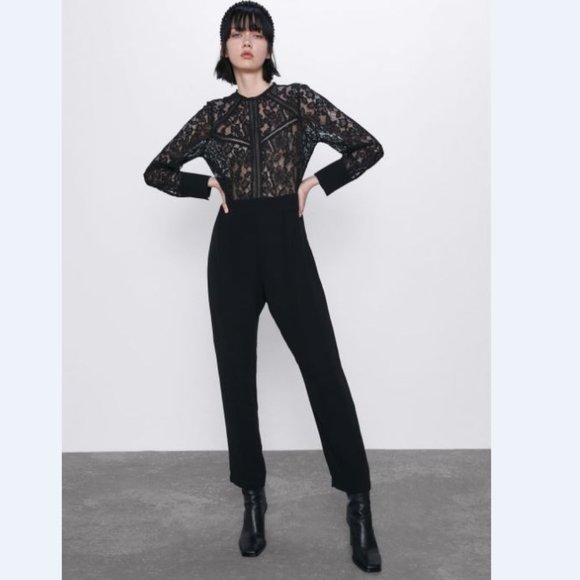 Zara black jumpsuit with lace bodice NWT, S - Picture 1 of 16